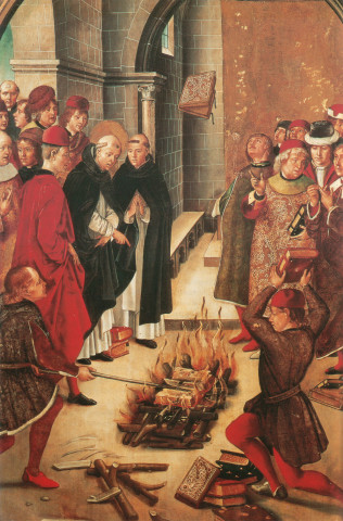 1400-Pedro Berruguete- burning-books of the Cathars-Saint Dominic