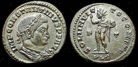 Coin of Emperor Constantine I depicting Sol Invictus with the legend SOLI INVICTO COMITI, circa 315