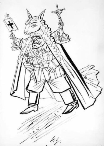 Hitlerovi současníci chápali docela dobře, co se ve skutečnosti děje. Ti co se nepoddali, byli ovšem velmi rychle vyvražděni. Dobová karikatura: Der Wolf im Schafspelz, Tuschezeichnung, Karl Hubbuch, 1933