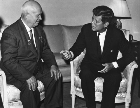 President Kennedy meets with Chairman Khrushchev at the U. S. Embassy residence, Vienna, 03 June 1961. U.S. Dept. of State photograph in the John Fitzgerald Kennedy Library, Boston.