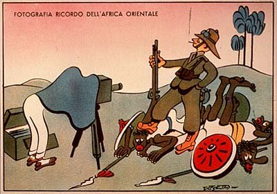 Dobová karikatura (nejspíš nechtěně) ukazuje zbabělost fašistického útoku proti podstatně slabšímu neagresivnímu státu
