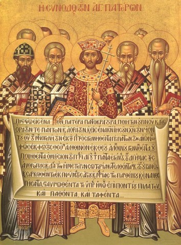 1. Nikajský koncil, Konstantin osobně svolal roku 325. Konstantin sice nebyl křesťan, zato to byl v podstatě první cézaro-papež, který vládl církvi a koncilu vnutil svou vůli. Samozřejmě šlo jen o moc nad ovčany. | Icon depicting the Emperor Constantine and the bishops of the First Council of Nicaea (325) holding the Niceno–Constantinopolitan Creed of 381.