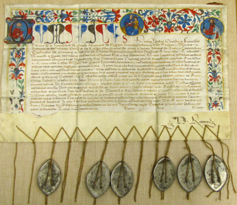 Papež může i hříchy odpouštět: odpustková listina z roku 1516. Plíšky na provázcích jsou zbytky pečetí. ELCA Archives.