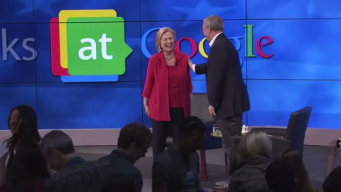 Google Is Not What It Seems: Google Chairman Eric Schmidt shares a joke with Hillary Clinton during a special "fireside chat" with Google staff. The talk was held on 21 Jul 2014 at Google's headquarters in Mountain View, California
