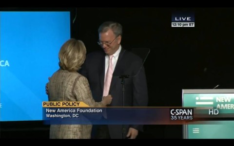 Google Chairman Eric Schmidt introduces Hillary Clinton as the keynote speaker at the 16 May 2014 conference "Big Ideas for a New America" for the New America Foundation, of which Schmidt is the Chair of the Board and the largest funder. Source: US state C-SPAN TV